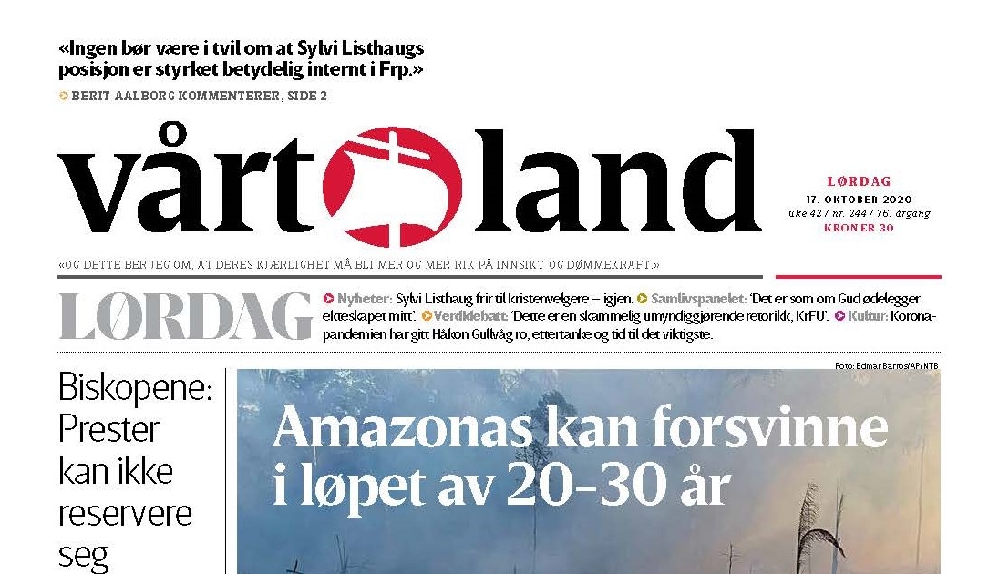 Forsiden på avisen Vårt Land