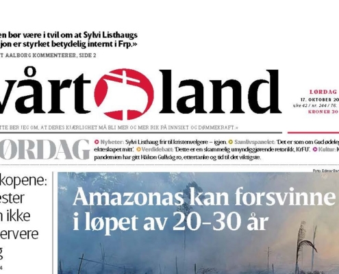 Forsiden på avisen Vårt Land